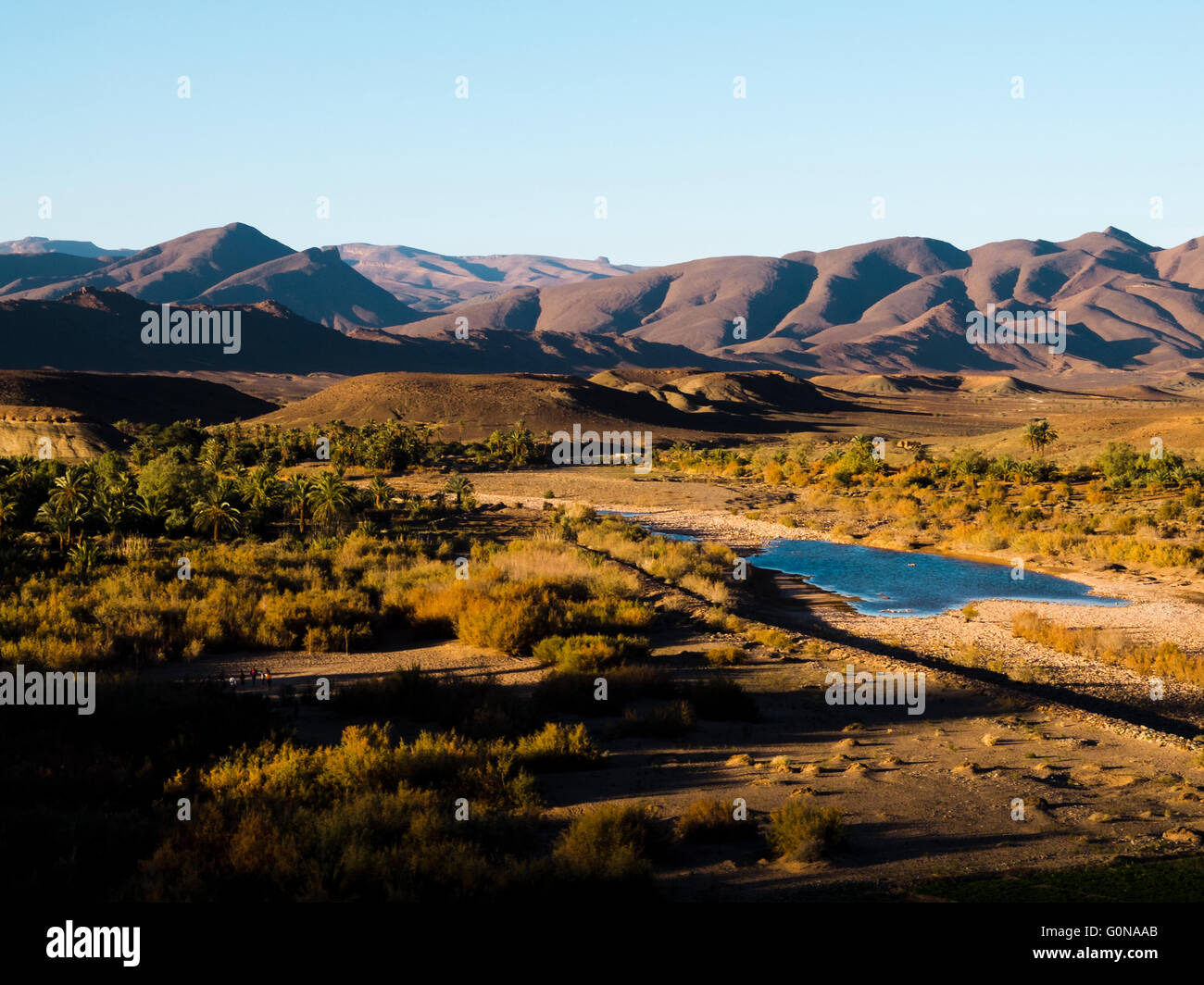 Draa-Tal-Ansicht mit einer Oase und Draa Fluß Stockfoto