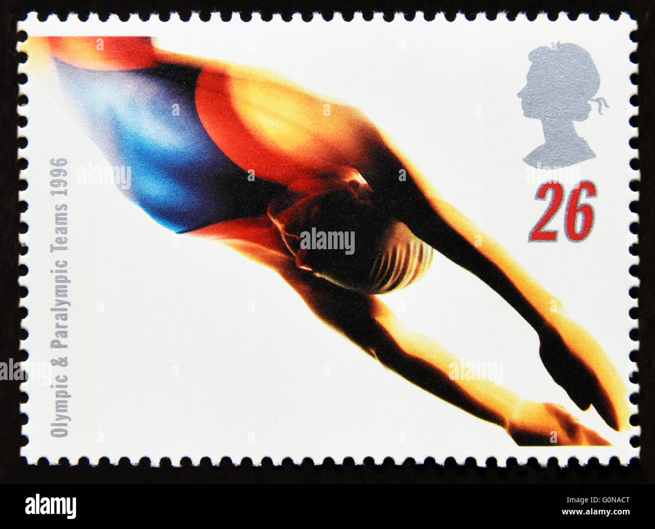 Briefmarke. Great Britain. Königin Elizabeth II. 1996. Olympischen und Paralympischen Spiele, Atlanta. Schwimmen. 26p. Stockfoto