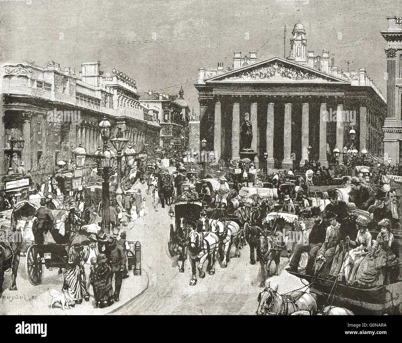 Bank Junction, London.  Die Bank of England & der Royal Exchange im 19. Jahrhundert Stockfoto