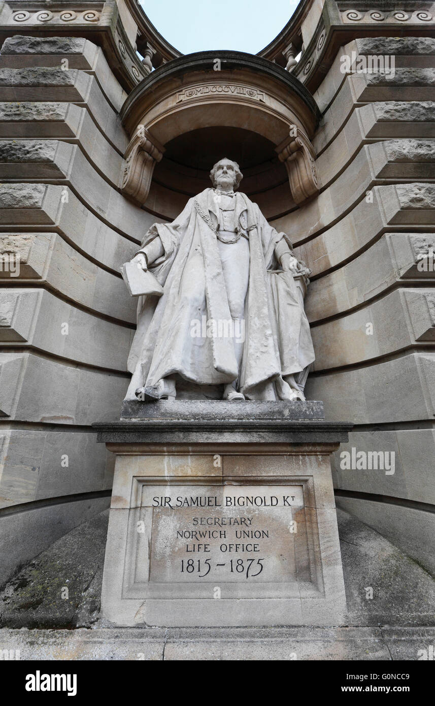 Statue von Sir Samuel Bignold, Sekretär Norwich Union leben Büro, 1815-1875. Stockfoto
