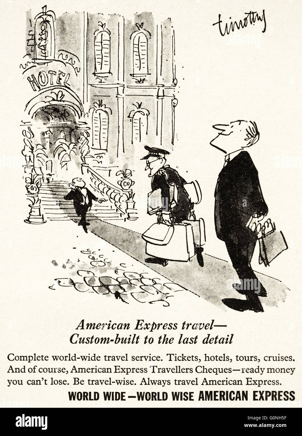 Original alte Vintage 1960er Jahre Magazin Anzeige datiert 1962. Werbung Werbung American Express Travelers Cheques Stockfoto