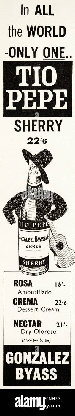 Original alte Vintage 1960er Jahre Magazin Anzeige datiert 1962. Werbung Werbung Tio Pepe Sherry von Gonzalez Byass Stockfoto