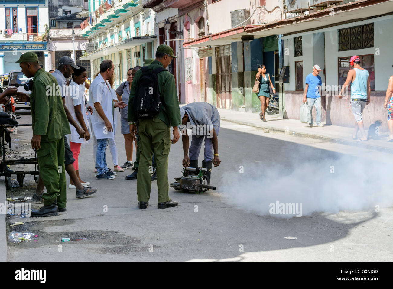 9200 Soldaten sind im Einsatz in Kuba zu Eigenschaften gegen die Aedes Aegypti Moskitos ausräuchern, die Zika-Virus verursachen Stockfoto