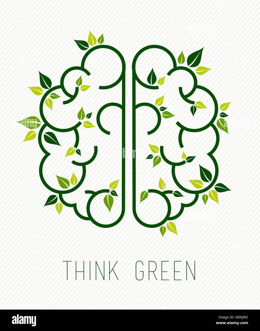 Denken Sie grün Konzept, Design, einfache menschliche Gehirn im Line-Art-Stil mit Elementen der Natur und Pflanzenblätter. EPS10 Vektor. Stock Vektor