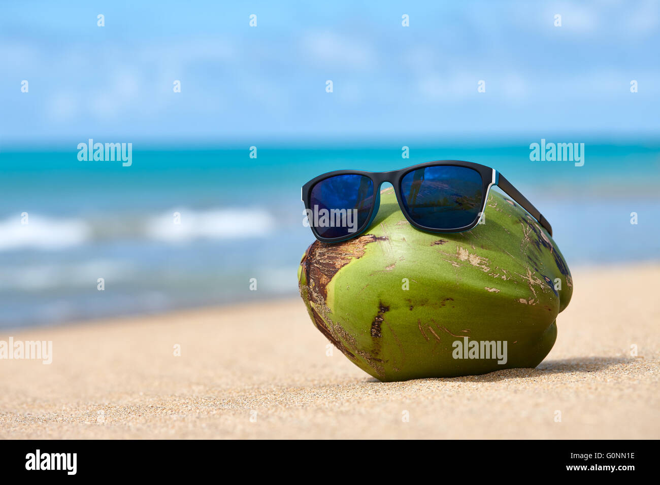 Kokosnuss in Sonnenbrillen Stockfoto