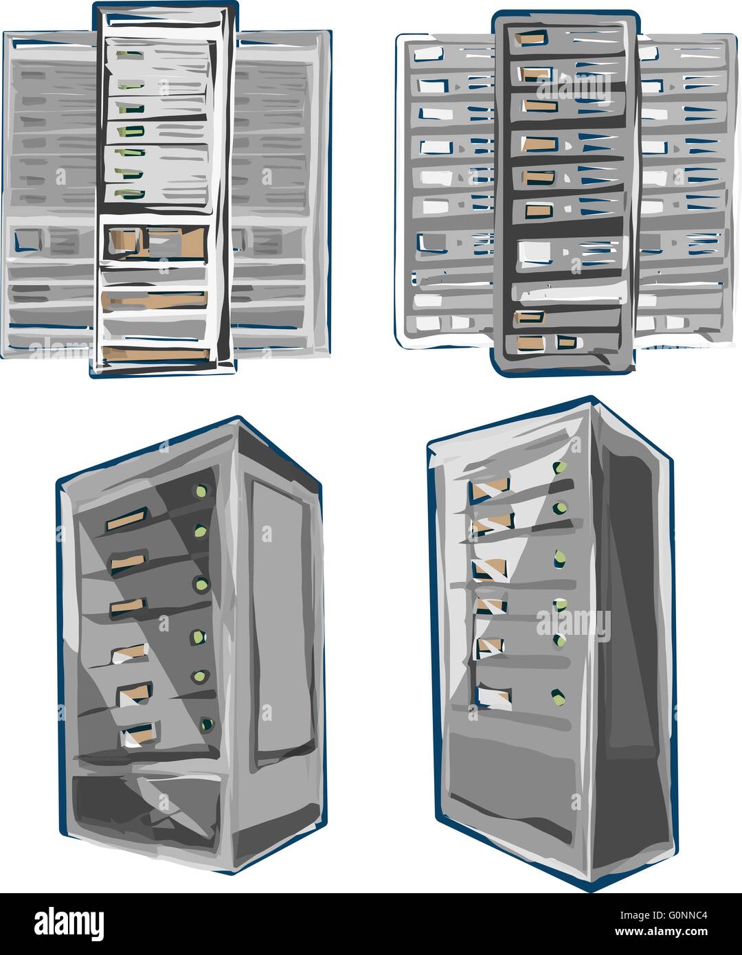 Skizzieren Sie Stil Server-Rack-Vektor. Farbschema. Stock Vektor