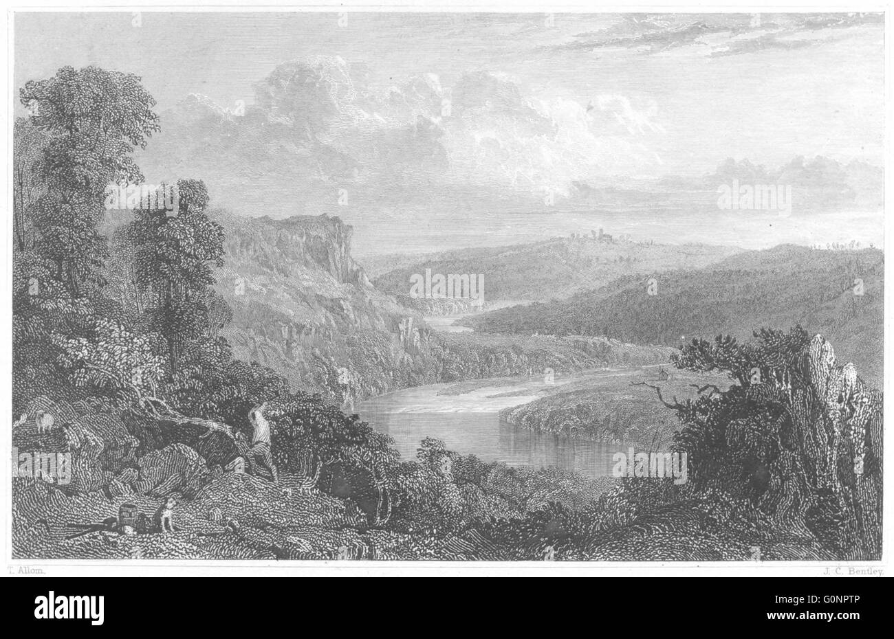 DEVON: Der Fluss Tamar von den Felsen Morwell, antique print 1829 Stockfoto