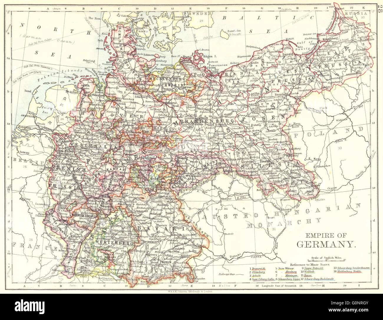 REICH VON DEUTSCHLAND. Staaten. Preußen Bayern Elsass-Lothringen. JOHNSTON, 1899-Karte Stockfoto