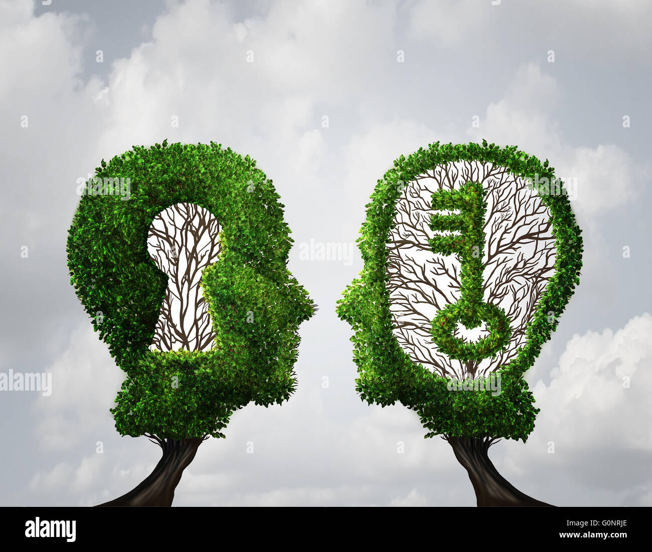 Schlüsselloch Lösung Partnerschaft und Schlüssel Gelegenheit Geschäftskonzept als zwei Bäume geformt wie ein menschlicher Kopf mit einem Schlüssel und Schlüsselloch Formen als Zusammenarbeit Erfolg Metapher in eine 3D Darstellung Stil. Stockfoto