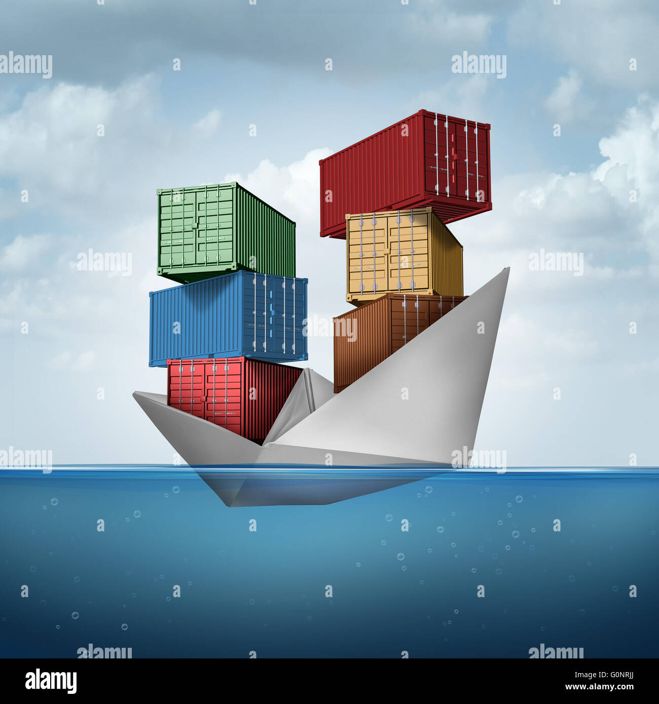 Ocean Cargo Schiff als Container Boot transportieren schwere Fracht als ein Papier-Schiff mit Containern als Handel und export Konzept mit 3D Abbildung Elemente. Stockfoto