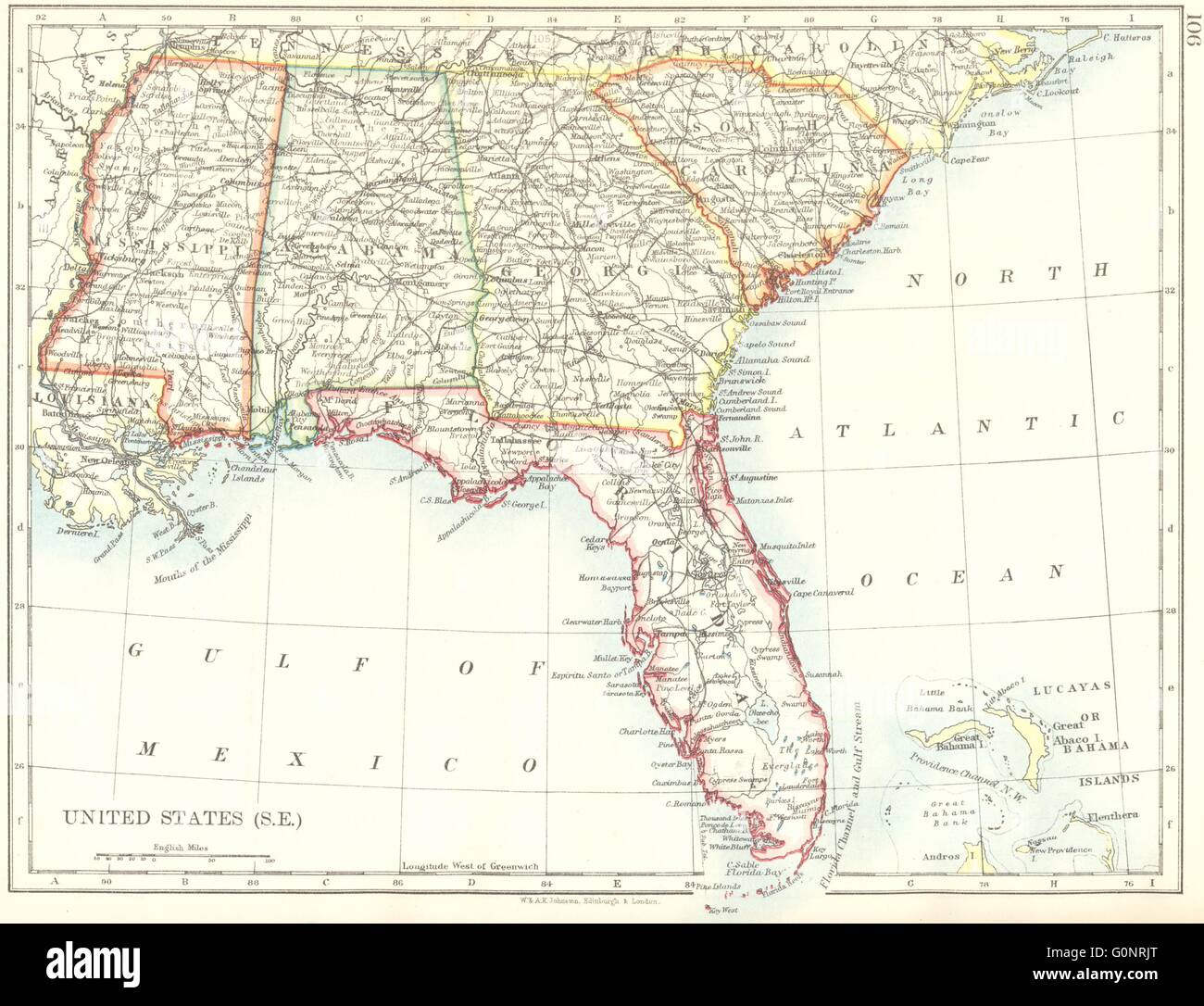 DEEP SOUTH USA. Florida South Carolina Georgien Alabama Mississippi USA, 1899-Landkarte Stockfoto