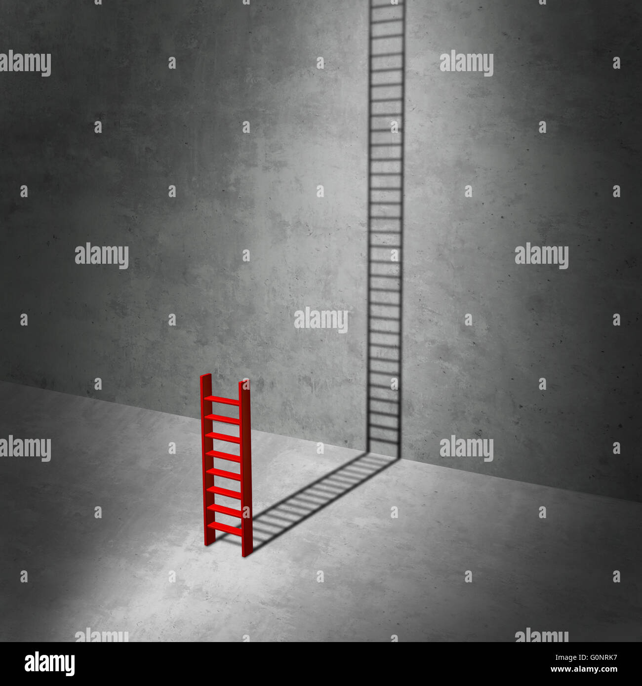 Karriere potenzielle Konzept als Geschäft Metapher für Erfolg als Symbol für verborgene Potenzial als eine rote Leiter wirft einen langen Schatten dehnen an die Spitze als eine 3D Darstellung vorstellen. Stockfoto