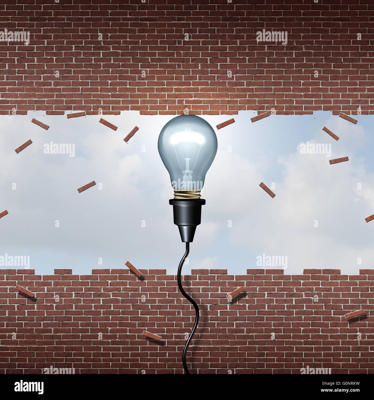 Kraft der Inspiration Metapher und Business Ideen Kraft-Konzept als eine Glühbirne heben eine Mauer als Symbol des mächtigen denken und kreative Motivation mit 3D Abbildung Elemente öffnen. Stockfoto