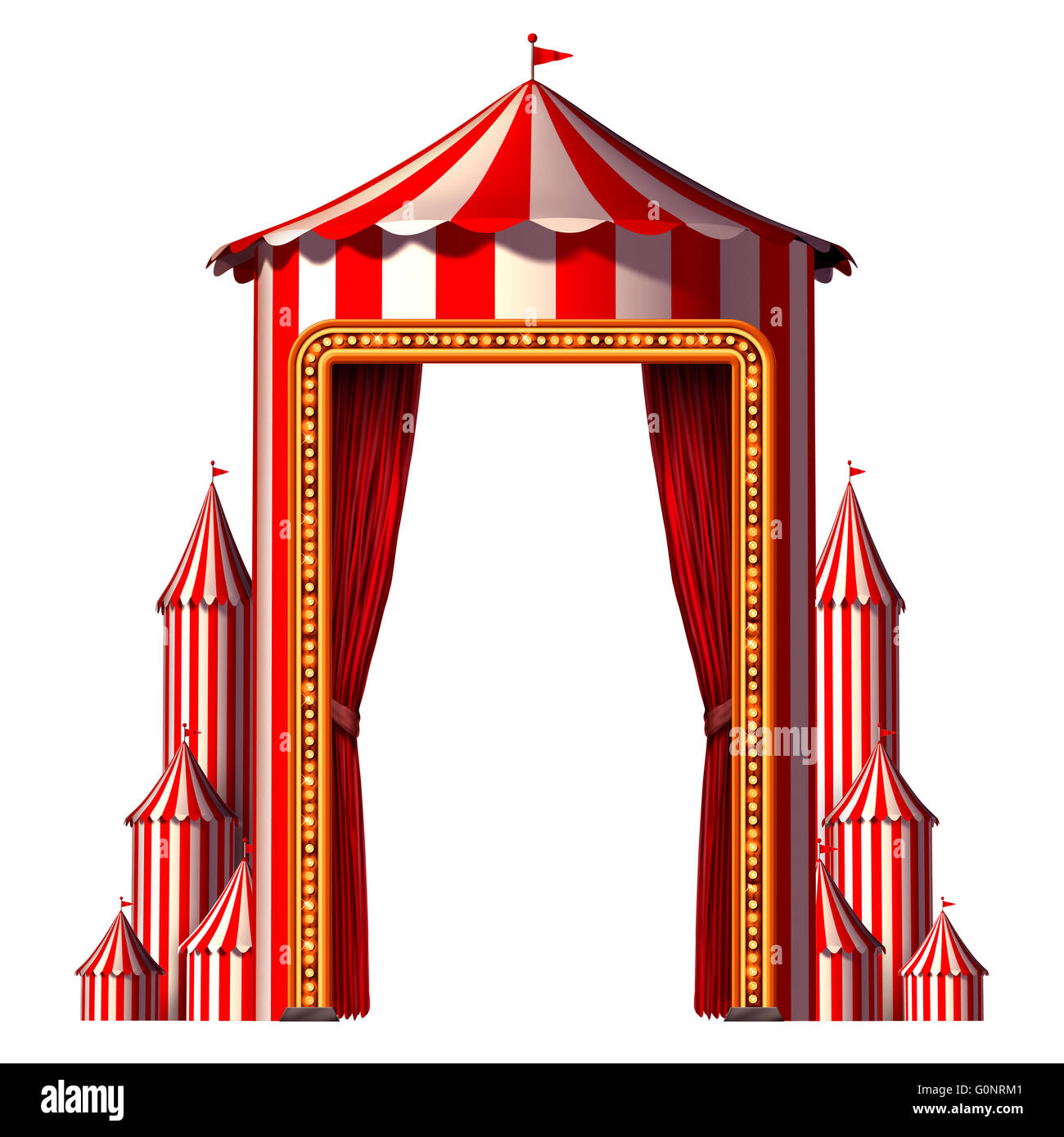 Zirkus Zelt in einer vertikalen Karneval Komposition Aan Unterhaltung Ans Vergnügen Symbol für eine festliche Veranstaltung Feier mit Leerzeichen isoliert auf einem weißen Hintergrund als ein 3D Illustration Konzept. Stockfoto