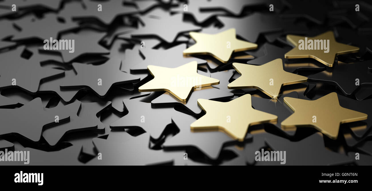 Sechs goldene Sterne auf schwarzem Hintergrund. 3D Abbildung des qualitativ hochwertigen Kundenservice Stockfoto