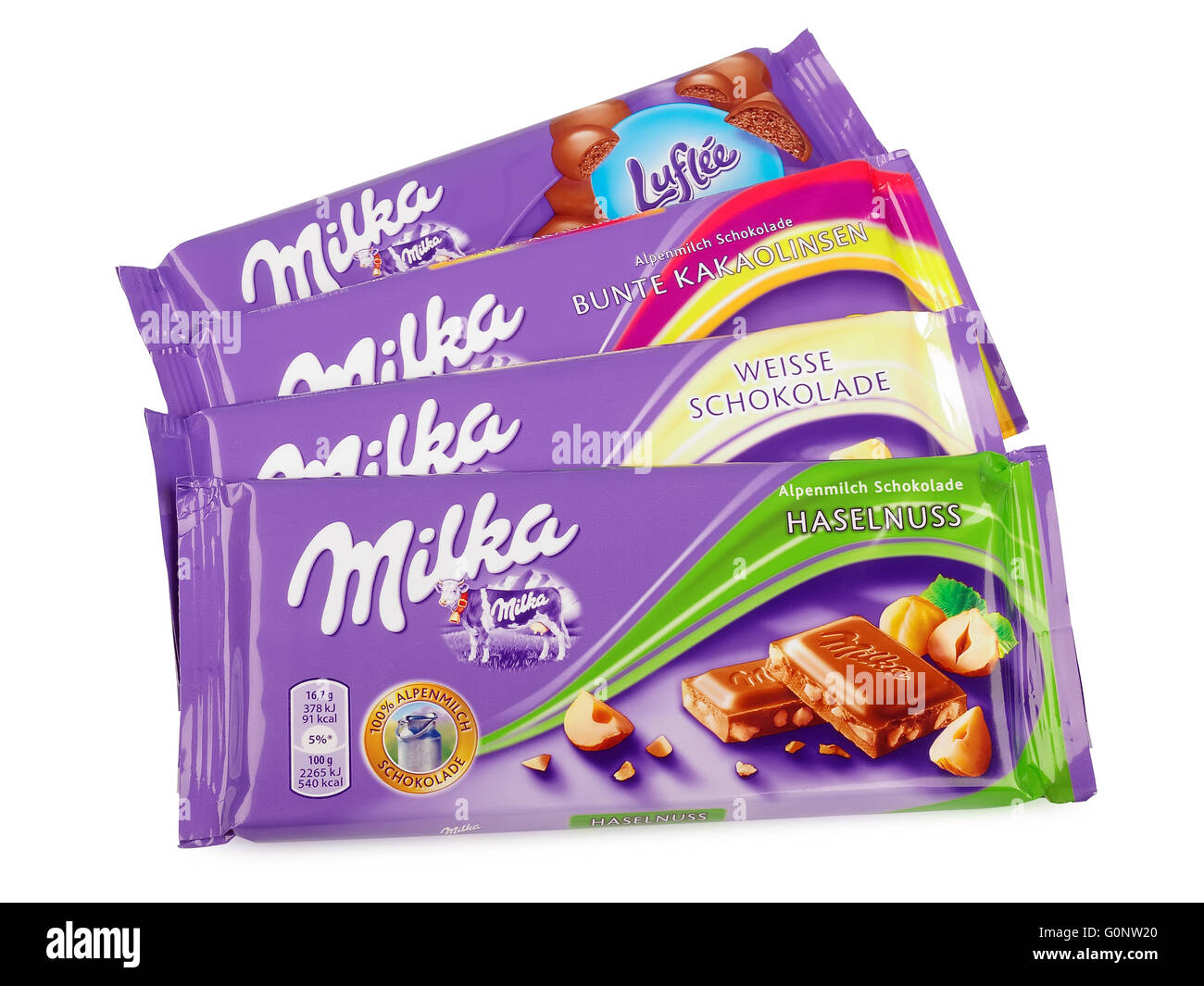 Studioaufnahme einer Schweizer Milka Schokolade, von Mondelez International hergestellt. Stockfoto