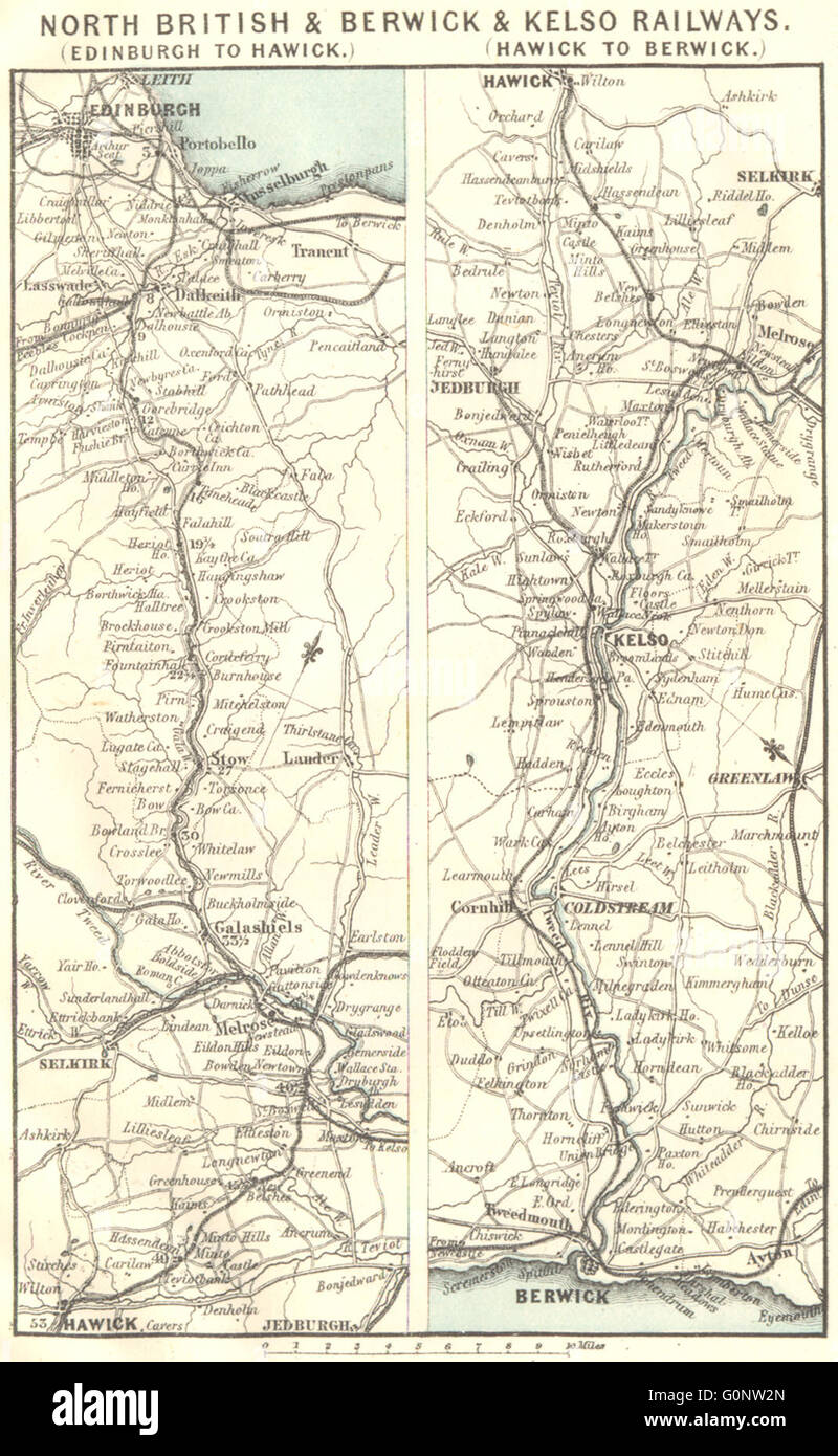 Schottland: Kelso Edinburgh Hawick Berwick, 1887 Antike Landkarte Stockfoto