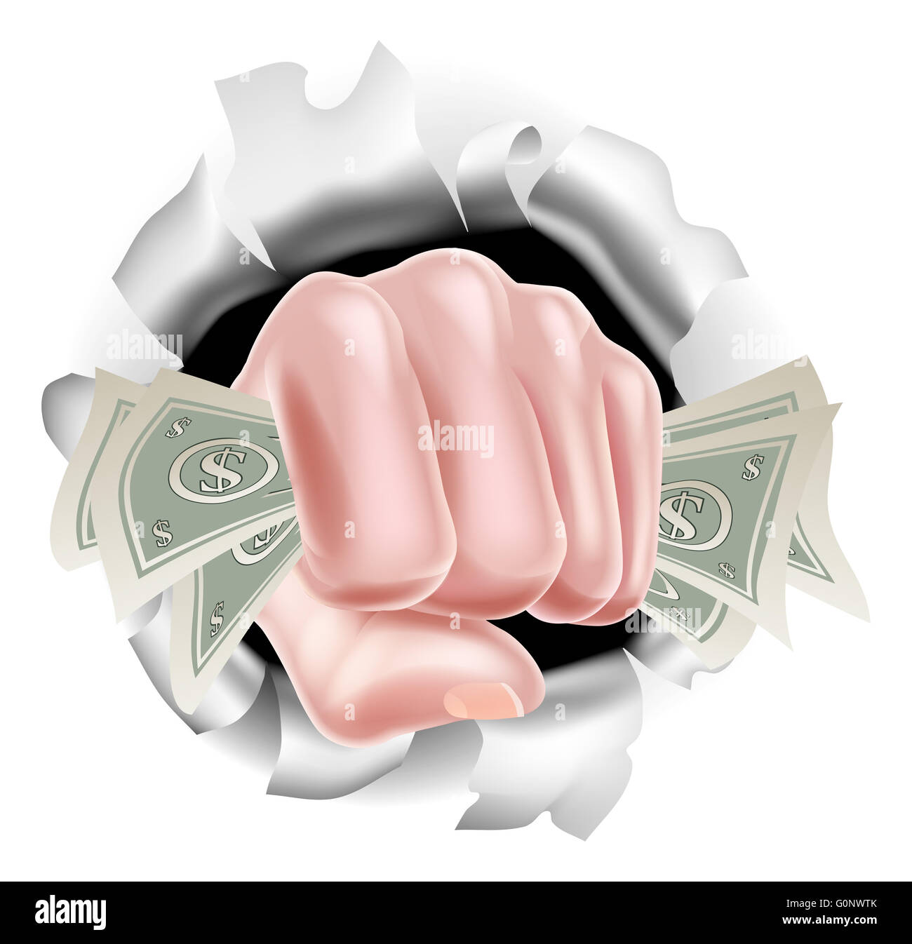 Hand in der Faust halten von Bargeld Dollarscheine ein Loch im Hintergrund Stockfoto