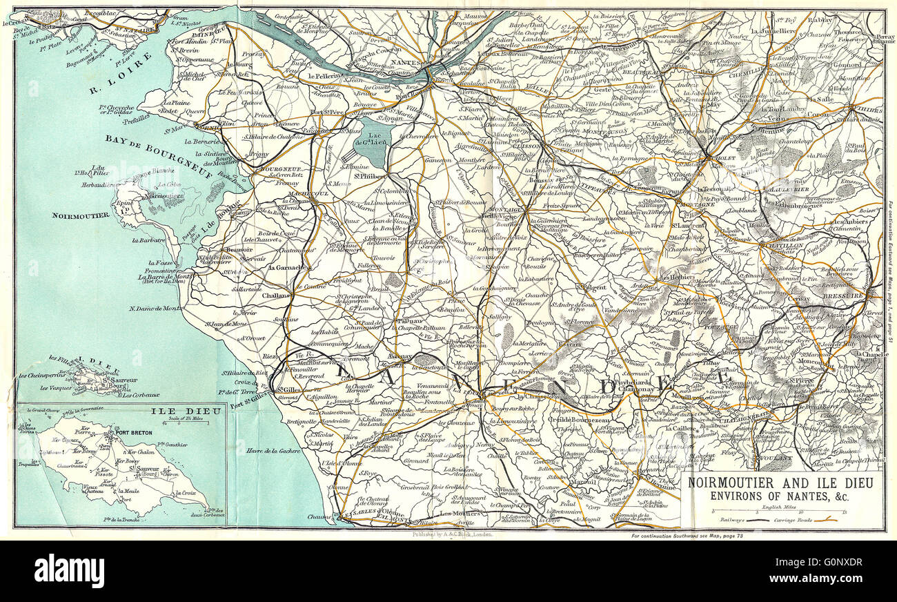 NANTES: & Ile Noirmoutier Dieu Bereich von 1909 Antike Landkarte Stockfoto