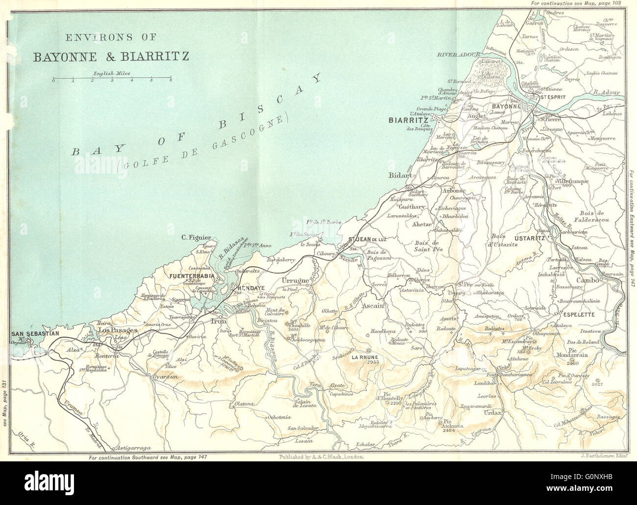 BAYONNE: Bereich der & Biarritz, 1909 Antike Landkarte Stockfoto