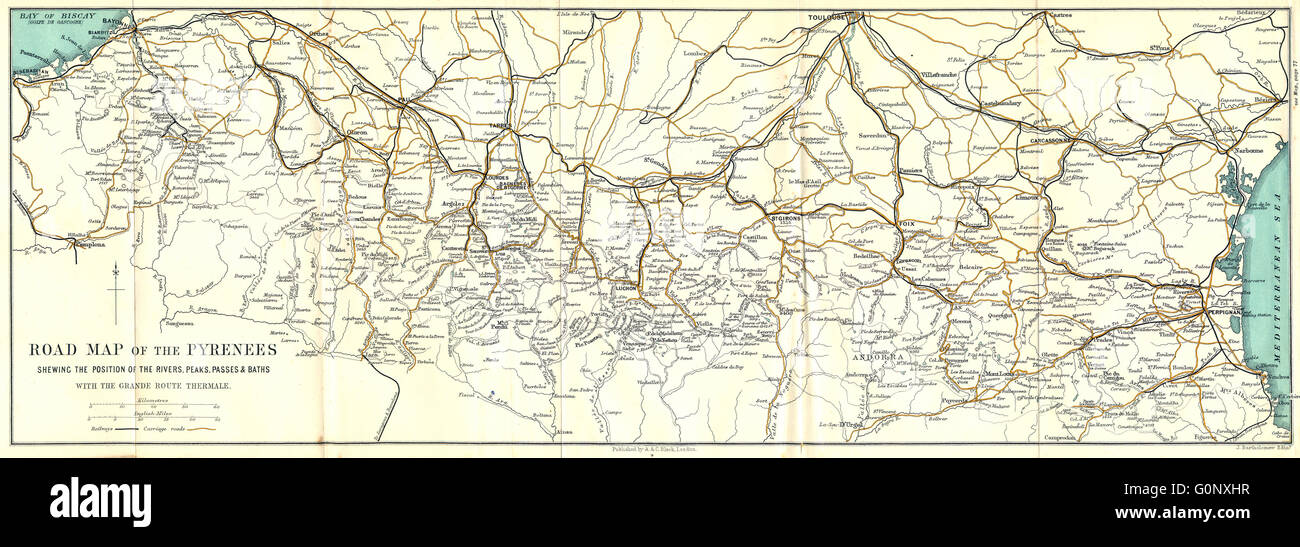 Pyrenäen: Road Map: Topographie; Grande Route Thermale, 1909 Stockfoto