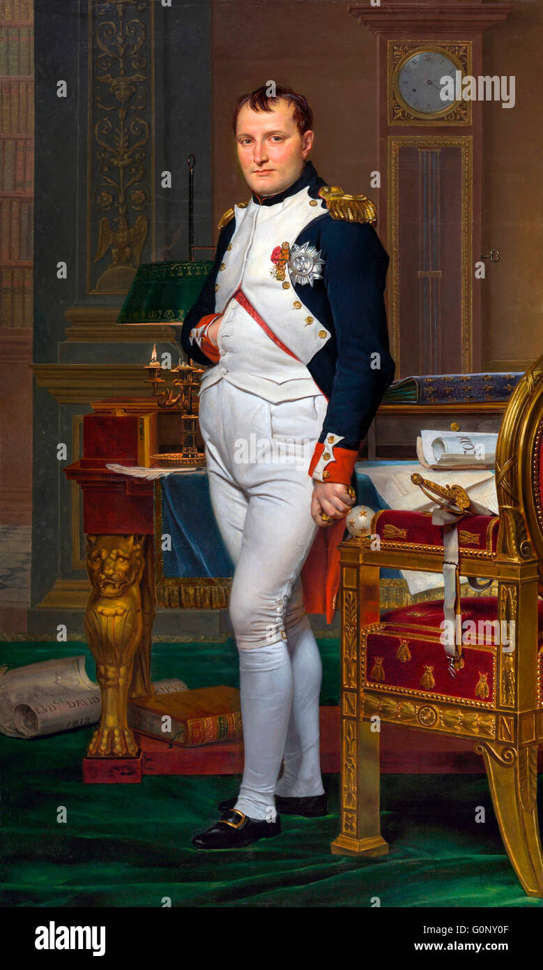 Napoleon Bonaparte Porträt. Gemälde mit dem Titel „der Kaiser Napoleon in seinem Arbeitszimmer in den Tuilerien“ von Jaques-Louis David, Öl auf Leinwand, 1812. Stockfoto