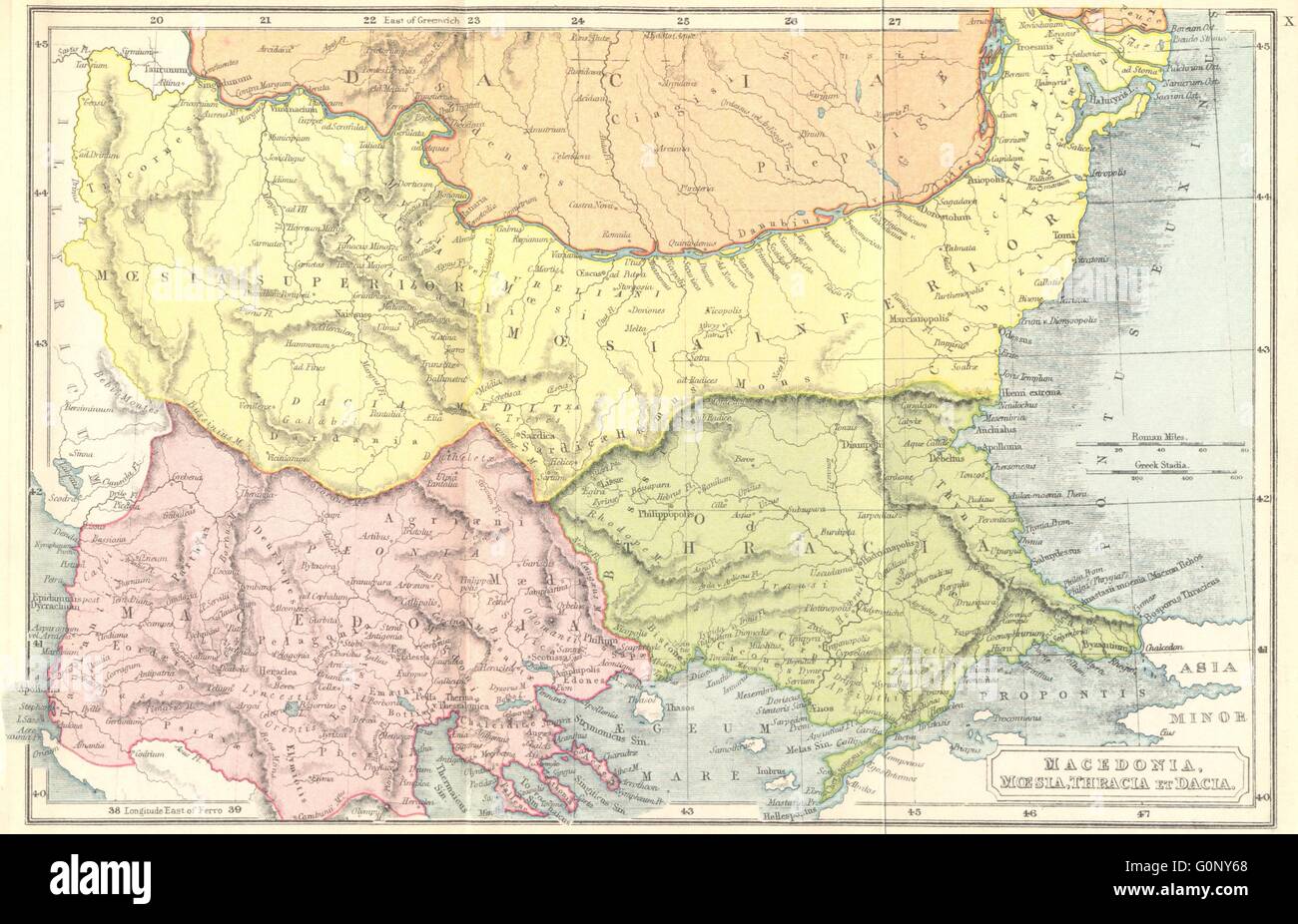 Griechenland: Mazedonien, Moesia, Thrakien Dacia Roman, 1908 Antike Landkarte Stockfoto