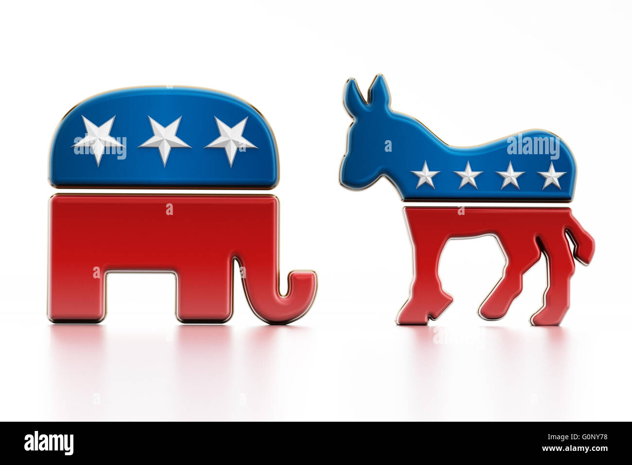 USA politische Partei Symbole isoliert auf weißem Hintergrund. Elefant für die Republikaner und die Demokraten Esel. Stockfoto