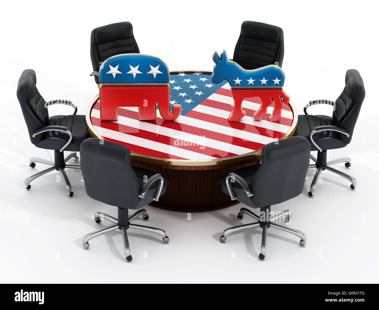 USA politische Partei Symbole auf amerikanische Flagge bedeckt Tisch stehen. Stockfoto
