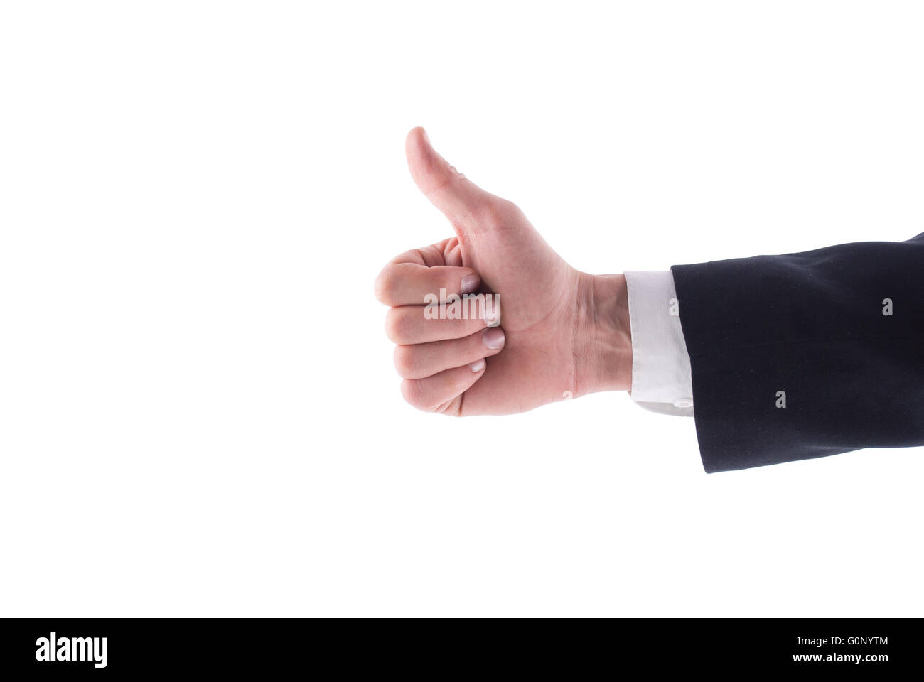 Hand-Mann in einem Anzug einen Daumen auf weißem Grund aufzugeben. Stockfoto