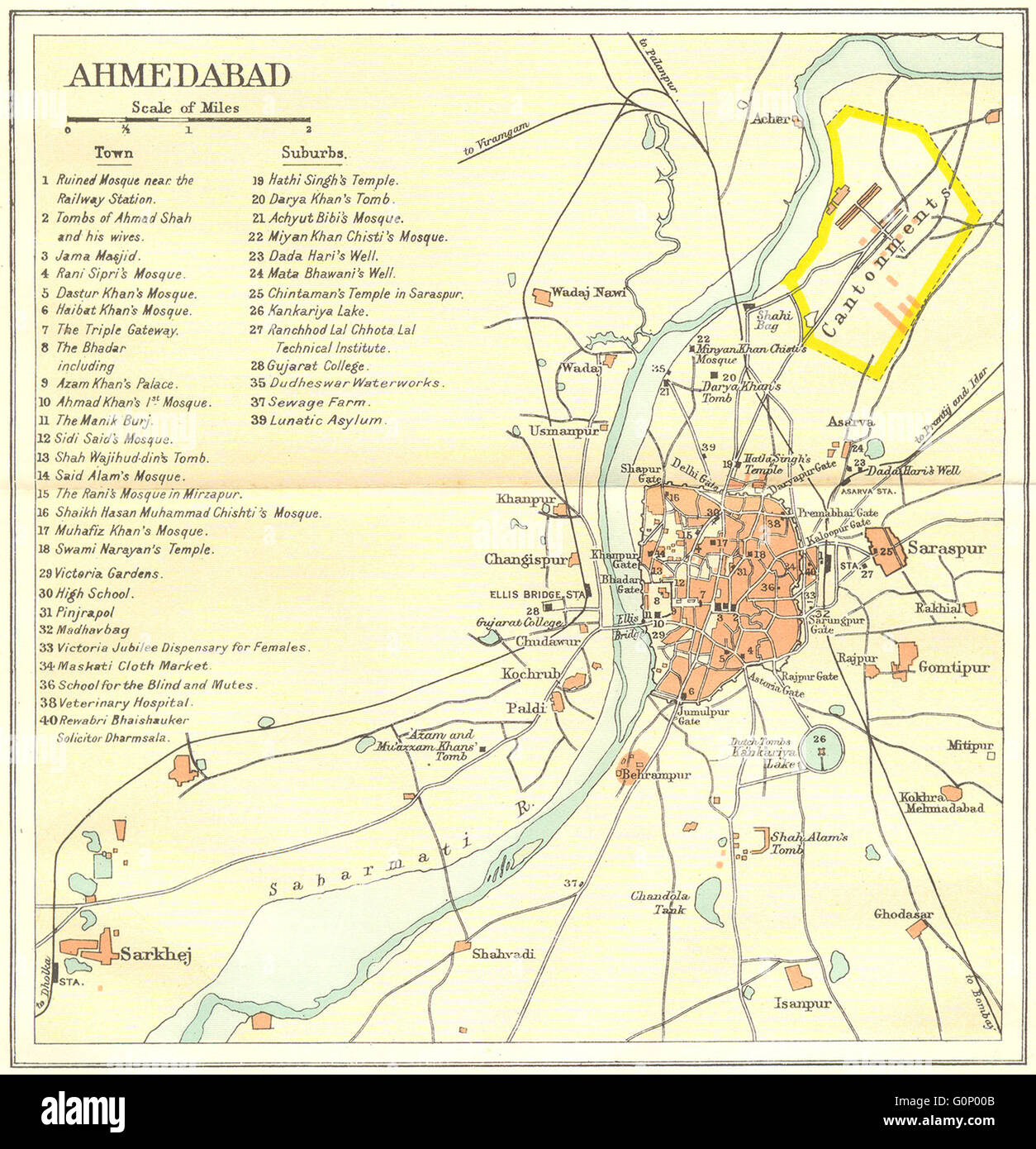 Indien: Ahmedabad Stadtplan. Palästen Moscheen Tempel Gräber. Gujarat