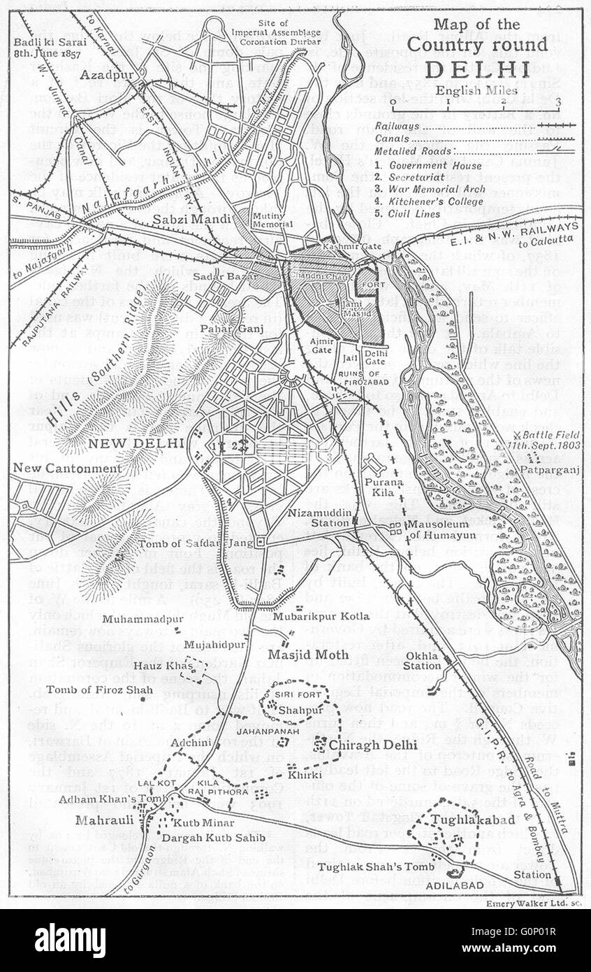 Indien: Kartenskizze des Landes rund um Delhi. Neu-Delhi. 1803 Battlefield 1924 Stockfoto