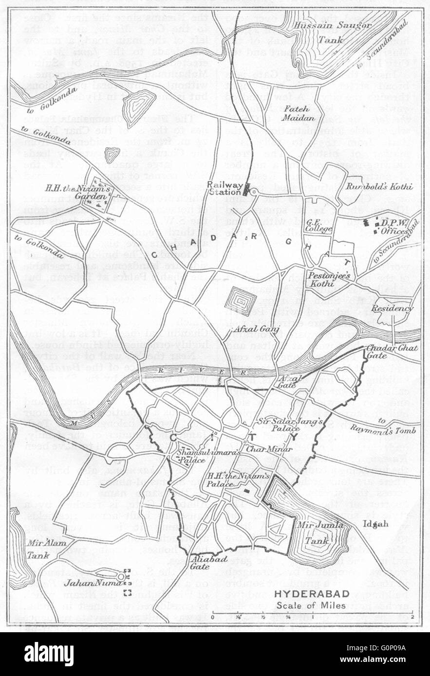 Britisch-Indien: Hyderabad Kartenskizze. Stadtplan. Andhra Pradesh., 1924 Stockfoto