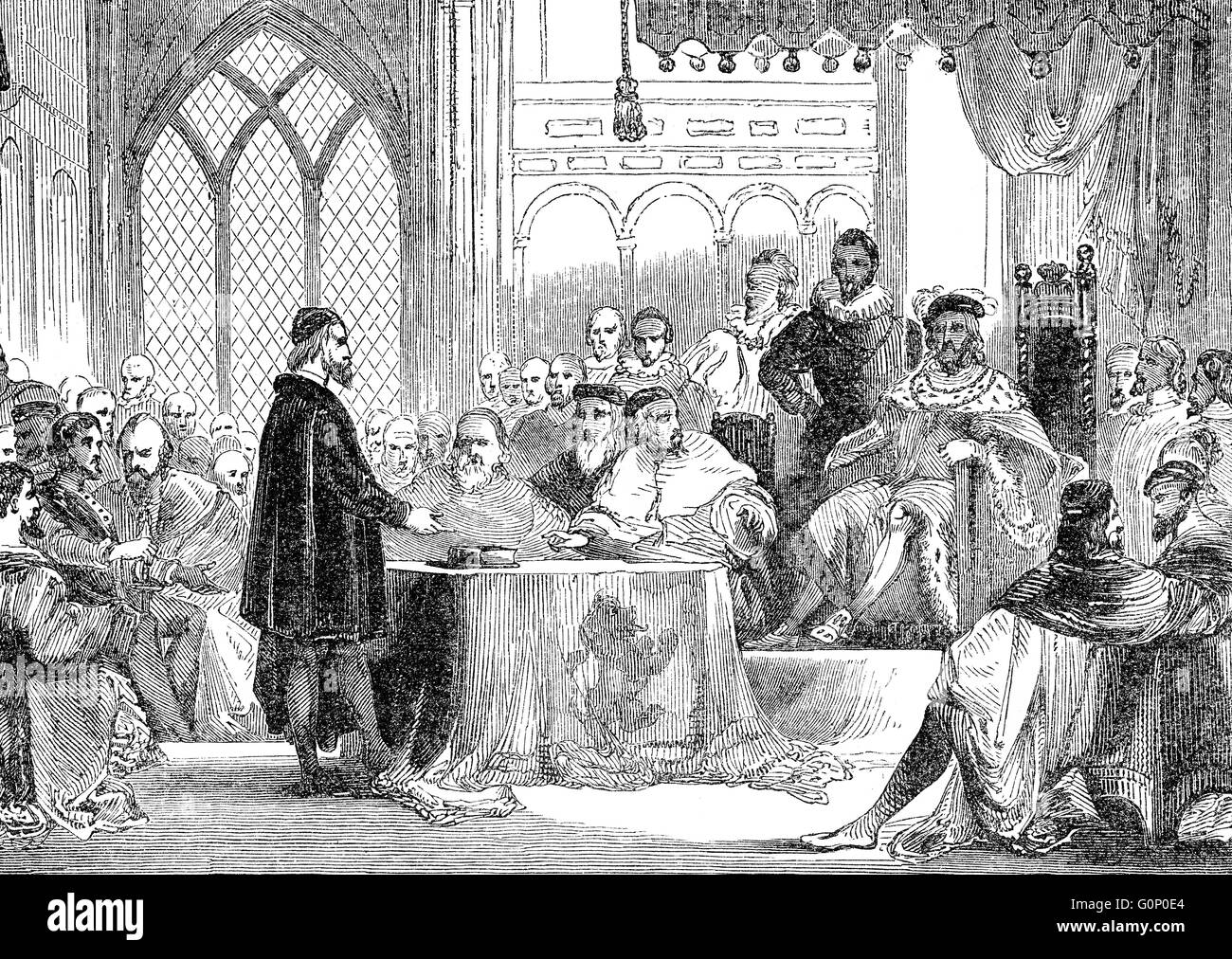 Andrew Melville, 1545-1622, ein schottischer Gelehrter, Theologe und Reformator, beschuldigen Bischöfe im Beisein von König Jame Stockfoto