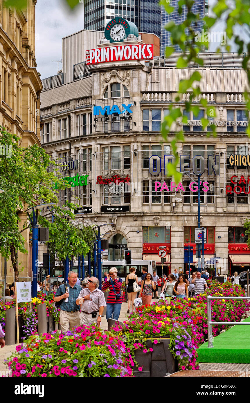 Exchange Square Manchester mit der Printworks Komplex im Hintergrund. Greater Manchester, England Stockfoto