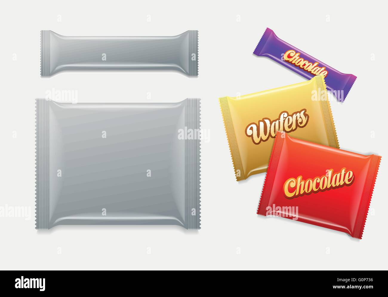 Kunststoff-Paket. Schokolade, Waffeln, Süßigkeiten oder Süßigkeiten Pack.  Einfach bearbeitet werden. Elemente werden separat geschichtet. Wählen Sie einfach "Ihre Wor Stock Vektor