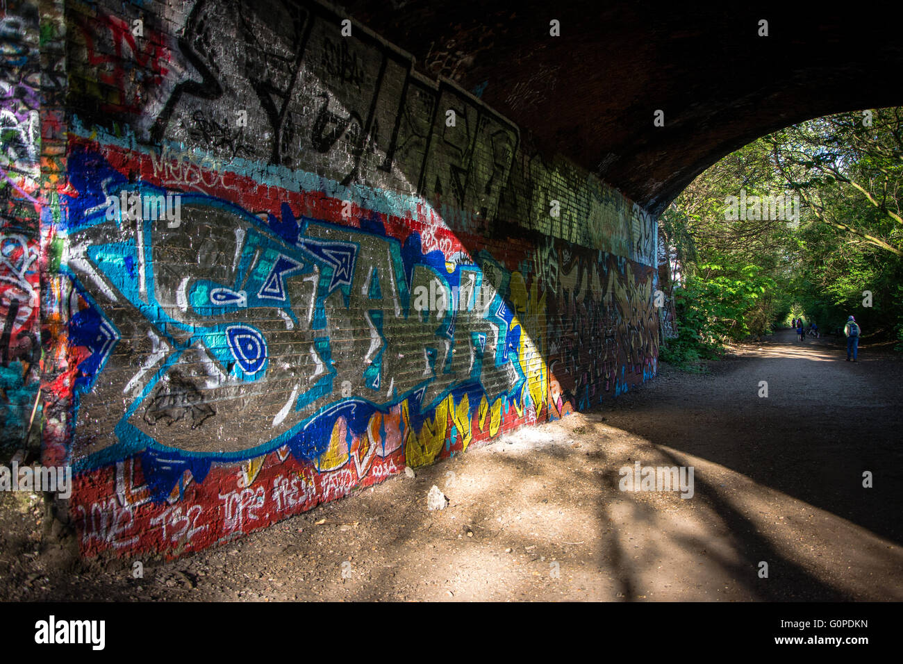 Graffiti auf Parkland Wanderung, Nord-London Stockfoto