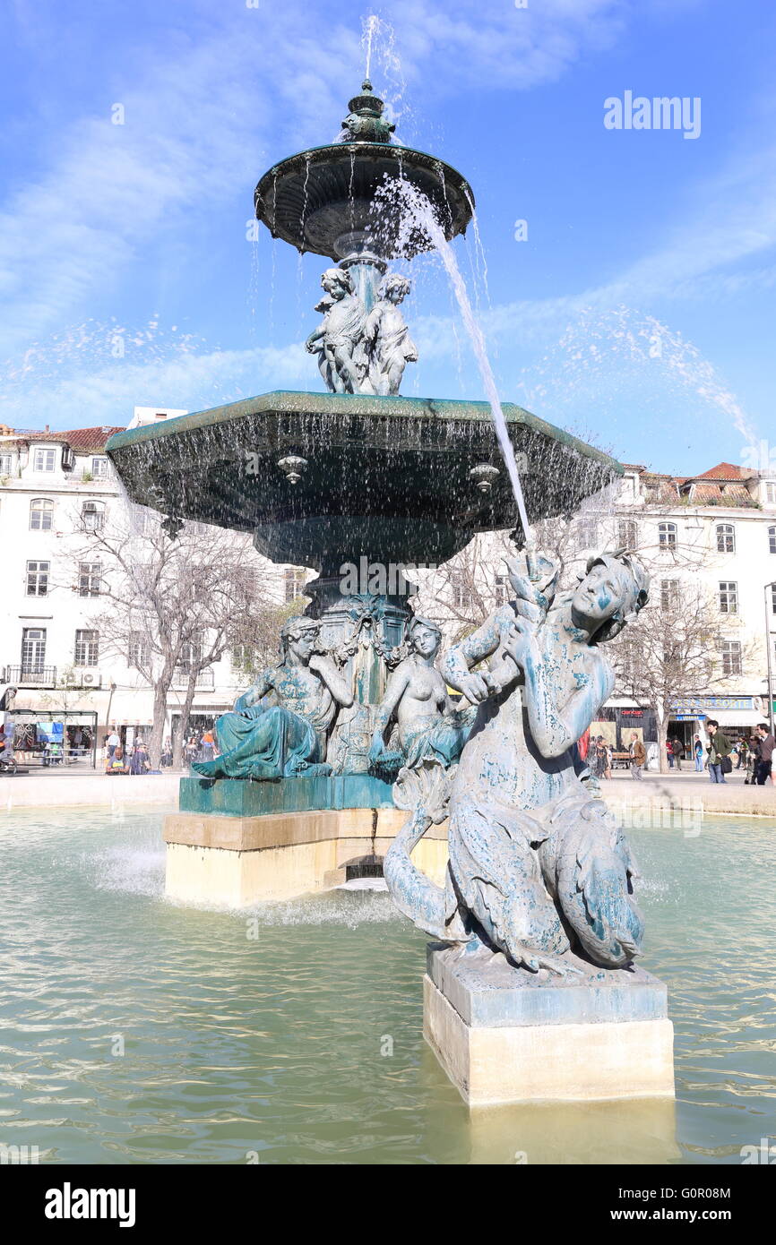 Detail des Brunnens in Rossio Platz, Lissabon, Portugal. Stockfoto