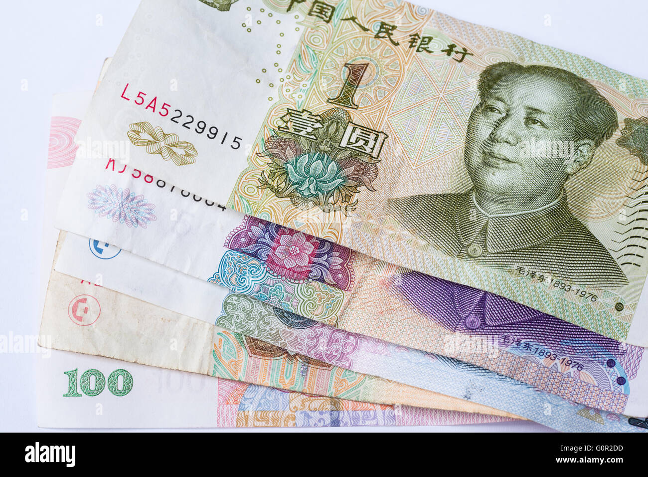 Chinesische Banknoten mit unterschiedlichen Werten Stockfoto