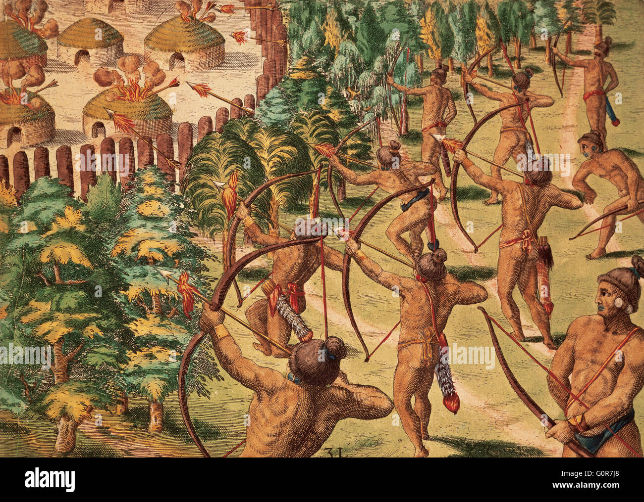 Geschichte von Florida, 16. Jahrhundert. Die Ankunft der Europäer zu den Florida ausgelöst ein tribal Wars. 1562 wurde den Krieg zwischen Monarchen, Satouriona, Outina und Potanou erklärt. Zeichnung von Jacques Le Moyne de Leichenhallen (1533-1588). Arbeiten von Theodore de Bry (1528-1598). 1591 bearbeitet in Frankfurt am Main. Bibliothek Hydrograph der Marine. Paris. Frankreich. Stockfoto