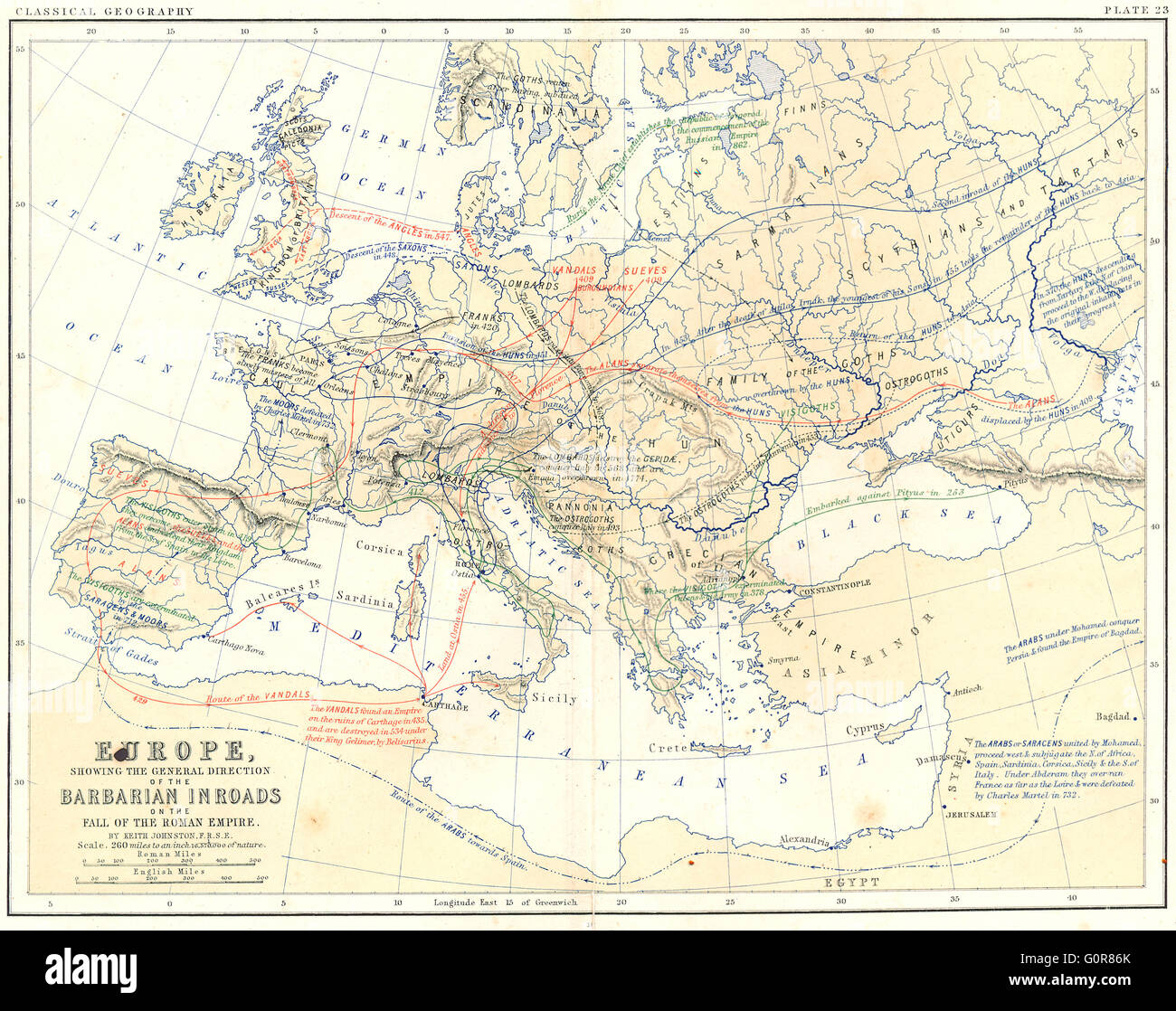 Europa: Barbar Einzug, fallen des römischen Reiches, 1880 Antike Landkarte Stockfoto