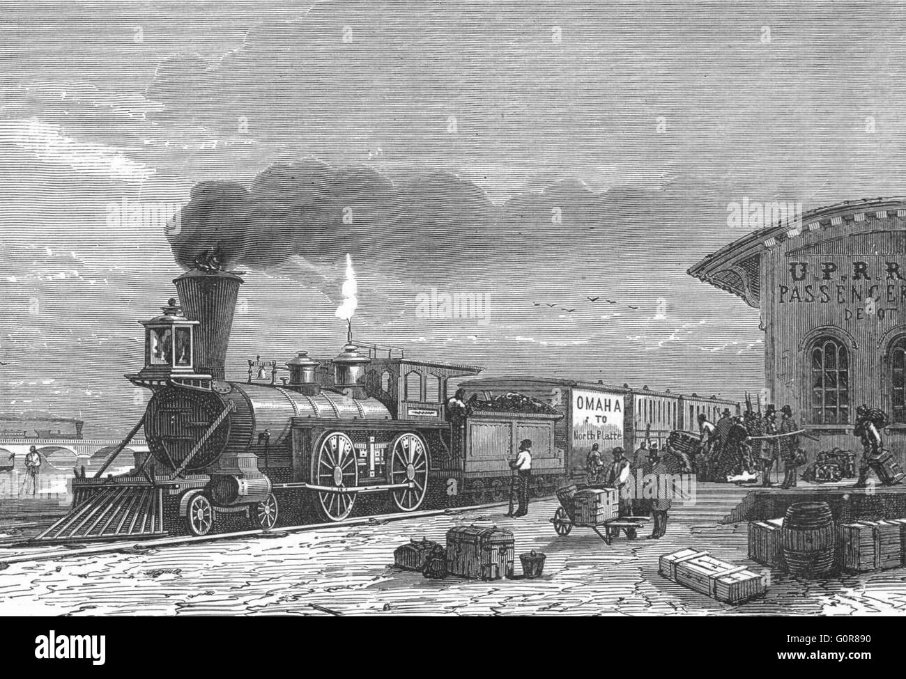 WYOMING: Bahnhof Pacific Railway in Omaha, antiken print c1880 Stockfoto