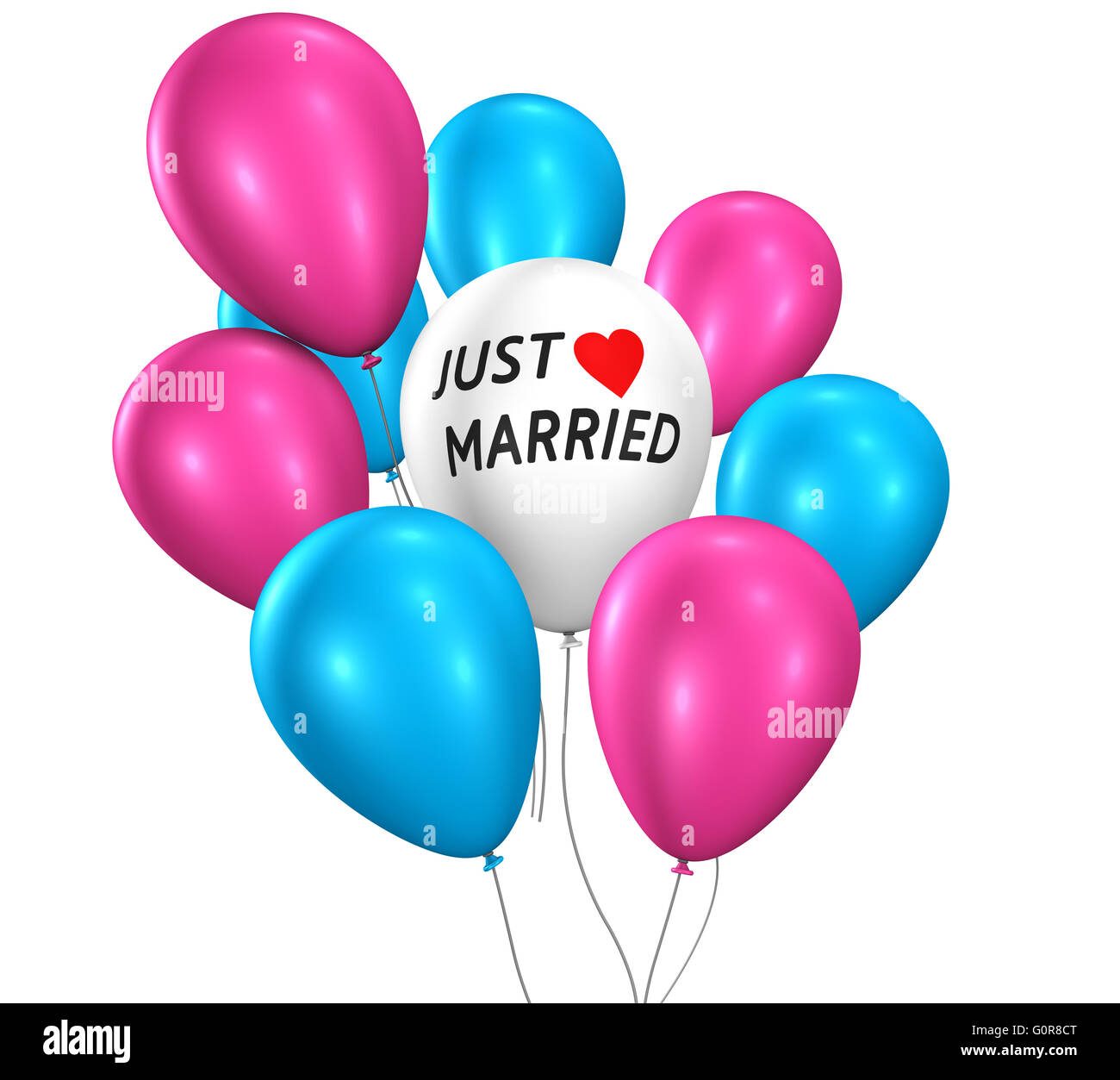 Hochzeit Tag Partei und Zeremonie Konzept mit frisch verheiratete Zeichen und Hochzeit Ballons 3d Illustration isoliert auf weißem Hintergrund. Stockfoto