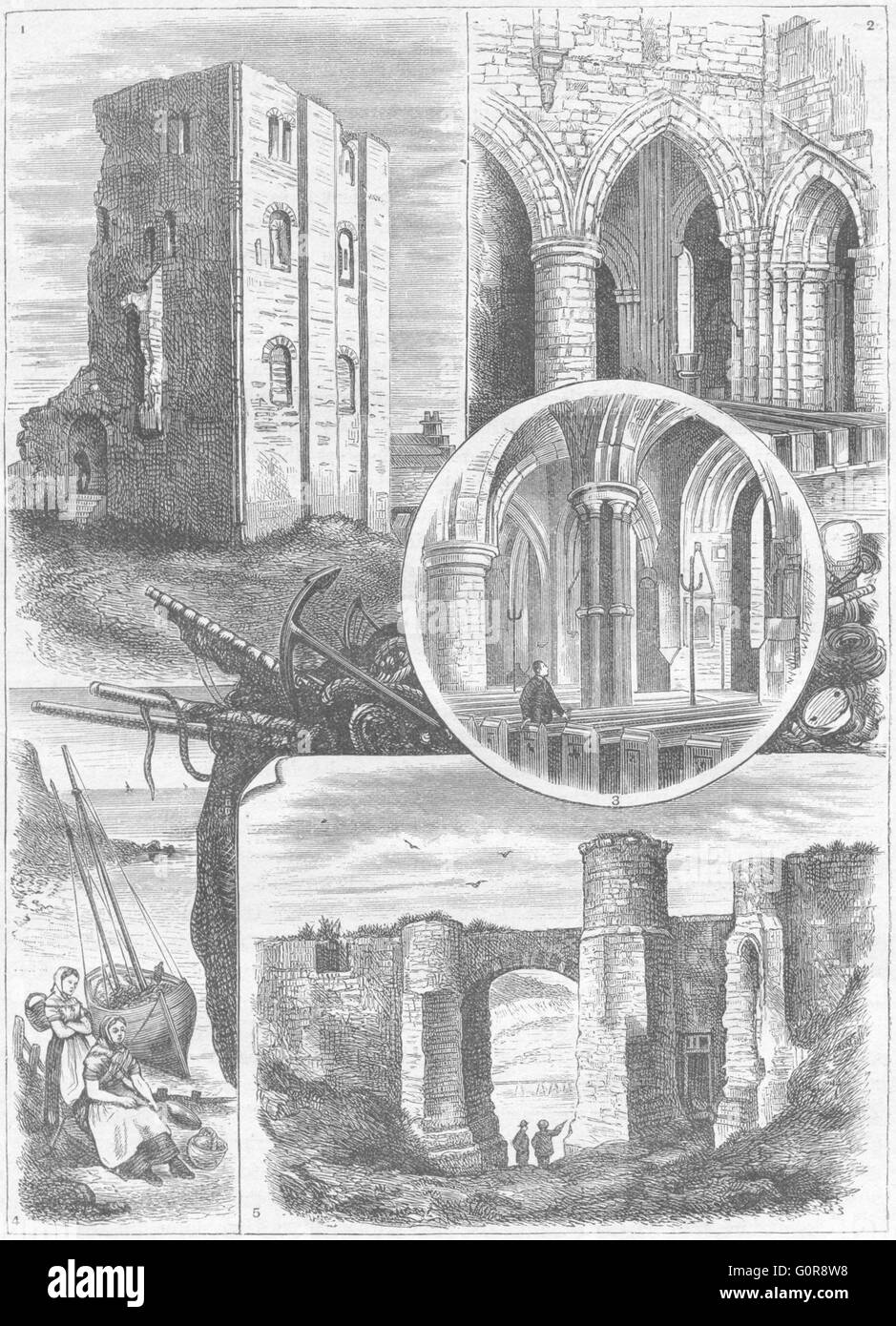 SCARBOROUGH: Keep, Burg; St. Mary Church, Strand Wall, antique print 1898 Stockfoto