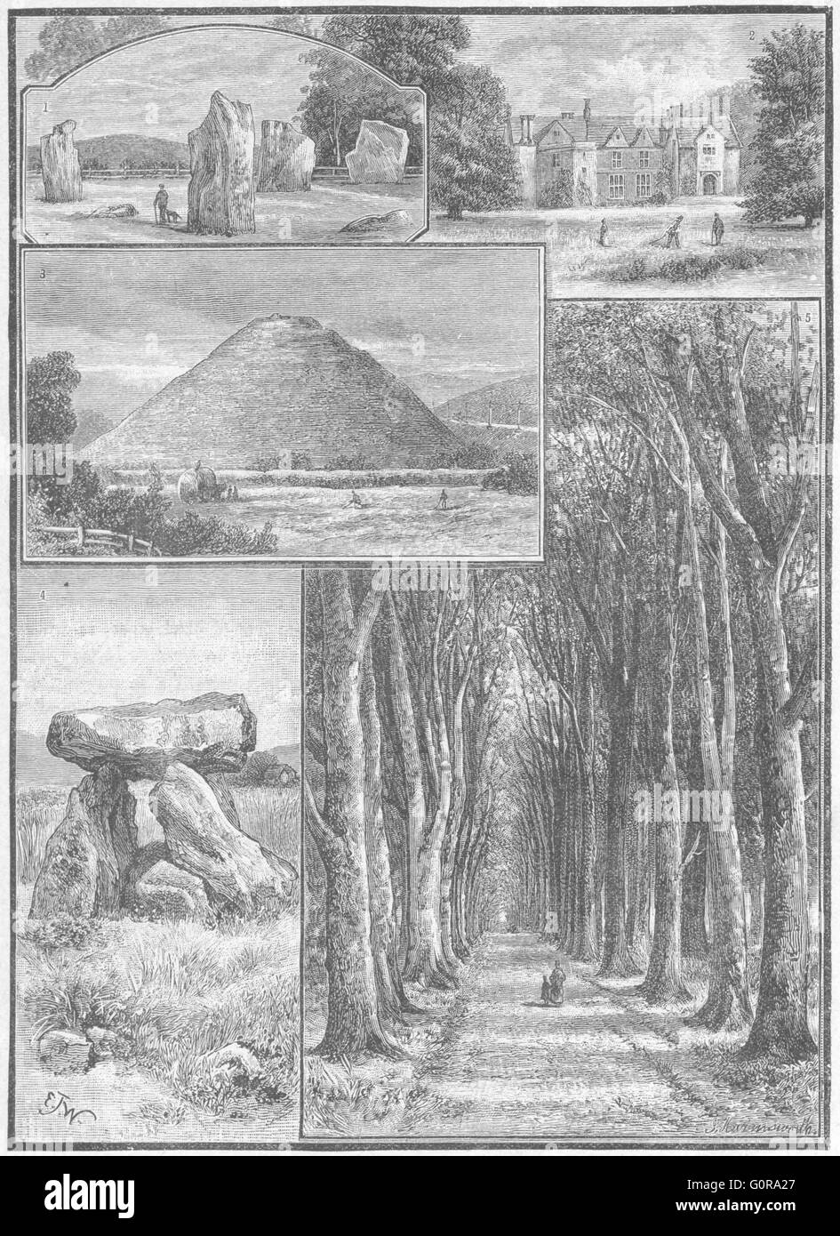 WILTS: Avebury; Rasenflächen; Silbury; Des Teufels Höhle, antiken Druck 1898 Stockfoto