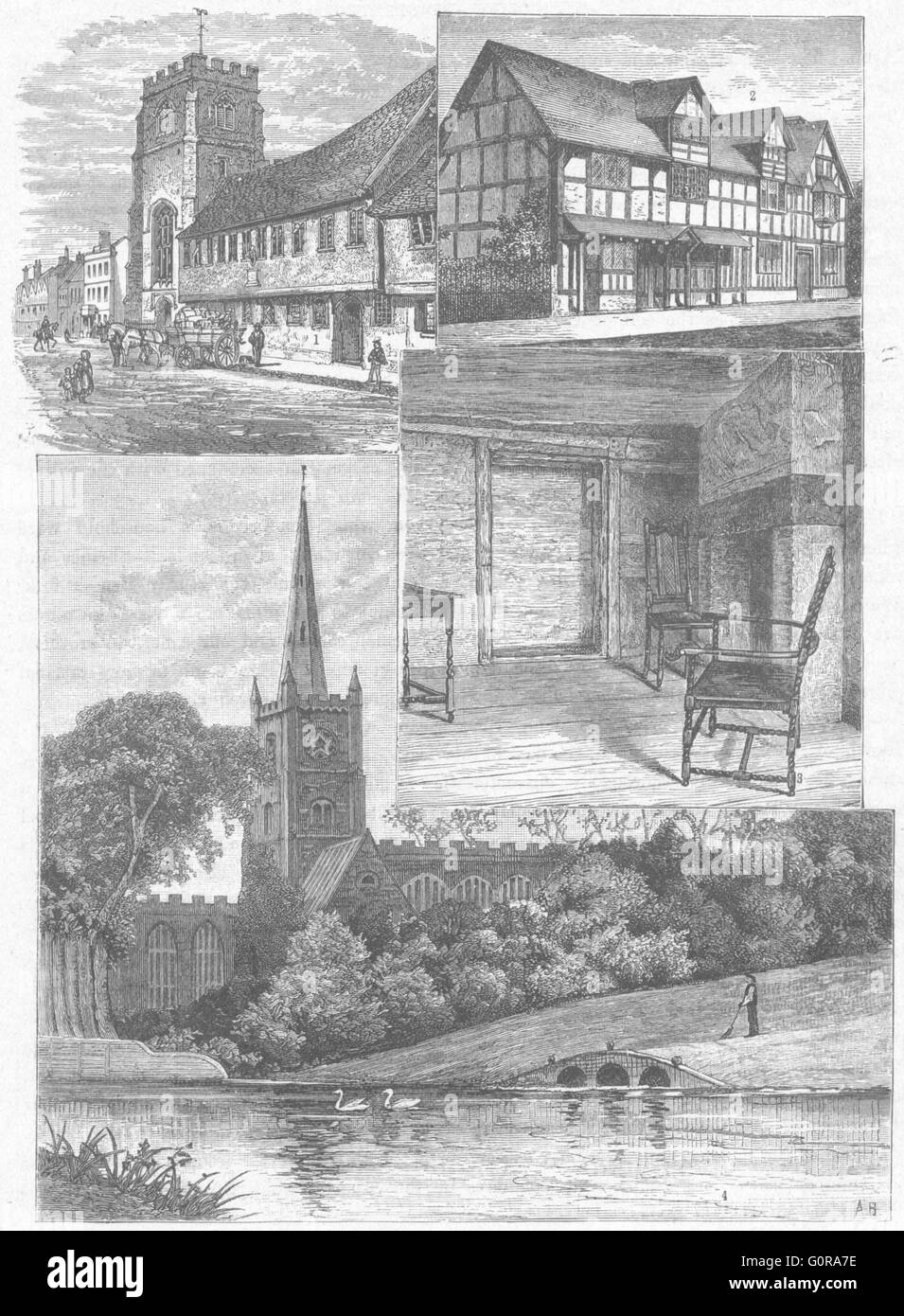 STRATFORD: Schule; Shakespeares Geburtshaus; Kirche, antique print 1898 Stockfoto