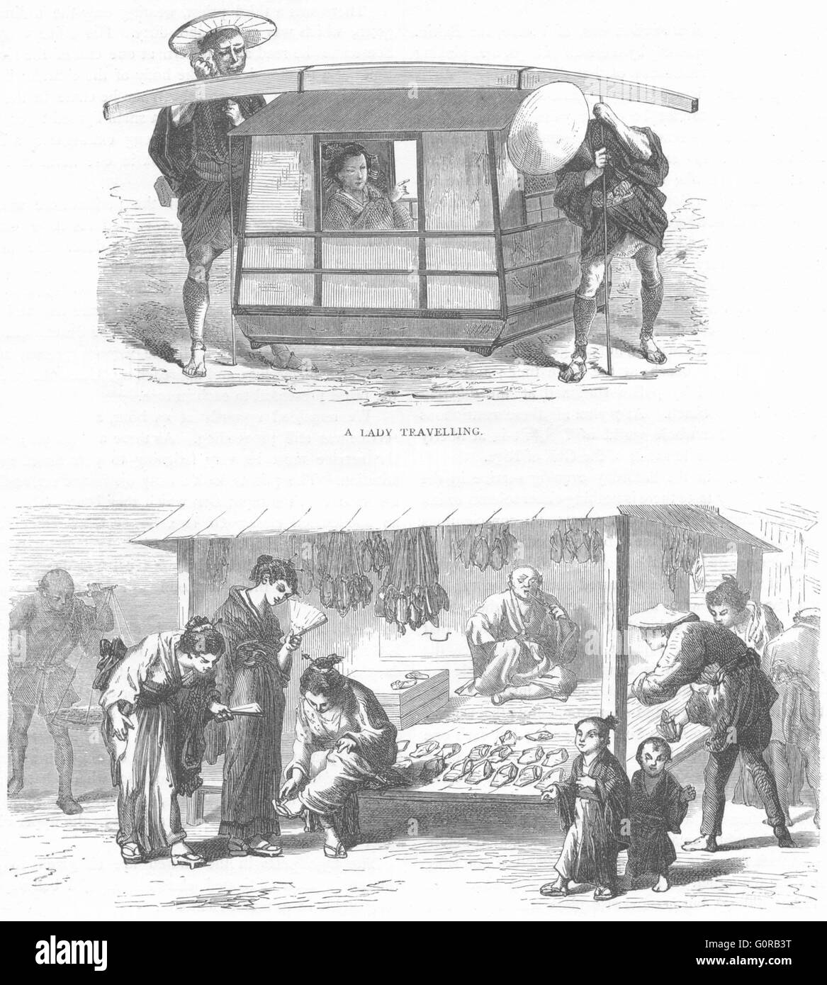 JAPAN: Eine Dame Reisen; Stroh-Schuh-Shop, antiken print 1880 Stockfoto
