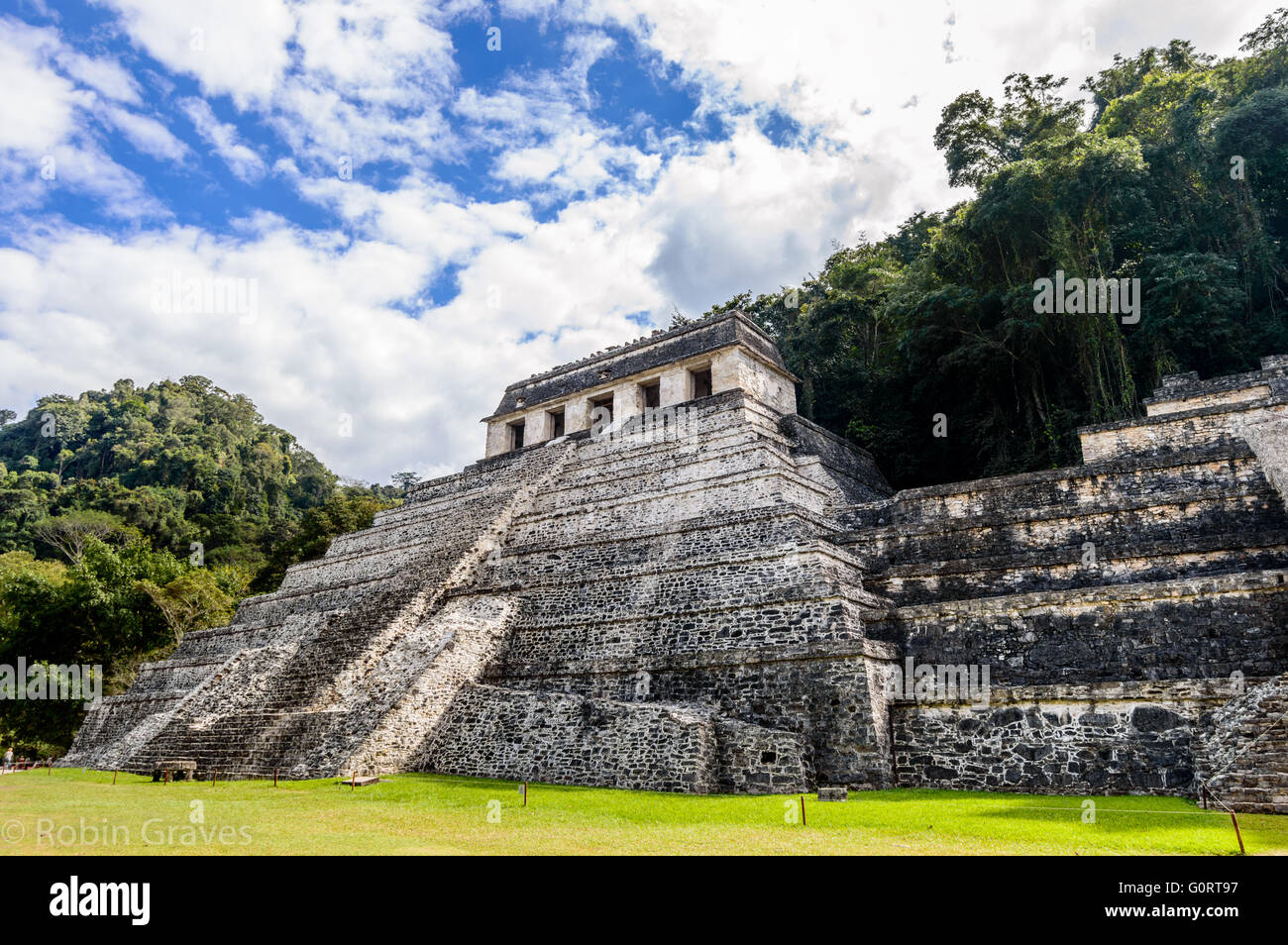 Der Templo de Las Inscripciones in die archäologische Zone von Palenque in Chiapas im Süden Mexikos. Stockfoto