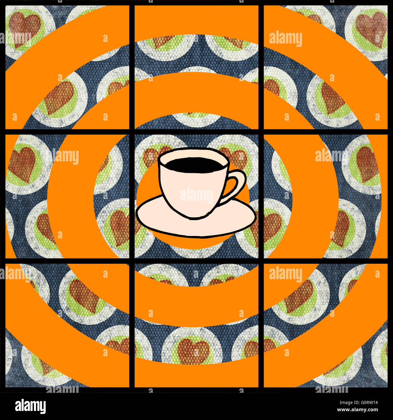 Tasse Kaffee auf dem Hintergrund der orange Kreise und kleinen Herzen mit schwarzen Quadrate Gitterlinien getrennt. Stockfoto