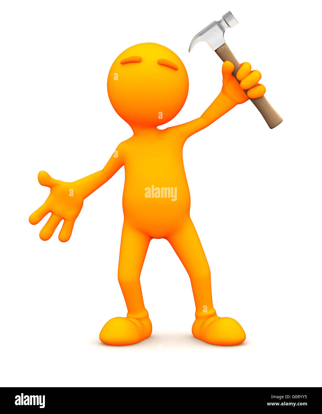 3D orange Mann mit einem Hammer. Stockfoto